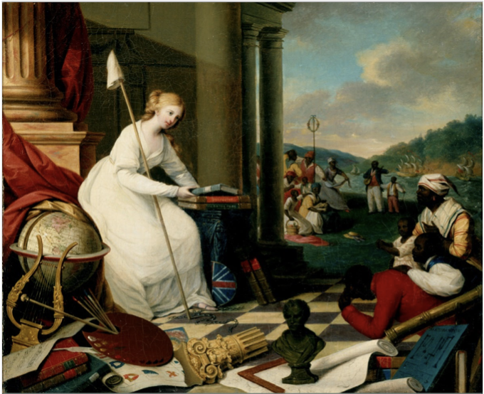 The painting depicts a large columned room opening up to a grassy landscape in the right background. In the left foreground, there is a light-skinned blonde woman dressed in a long white robe, looking to the right. She is surrounded by a clutter of objects, such as a bust, globe, harp, and painter’s palate. She balances a pole in her right arm and is offering three books towards the figures on the right. There are broken chains beneath her feet. There are four figures coming into the painting from the right side. They are dark-skinned, dressed in colorful but simple clothing, and are kneeling to the blonde woman. The two in the foreground are men, behind them is a woman wrapping her arm around a little girl. In the right background, there are several dark-skinned figures dancing around a maypole, playing musical instruments, and picnicking. The setting and landscape are peaceful. 