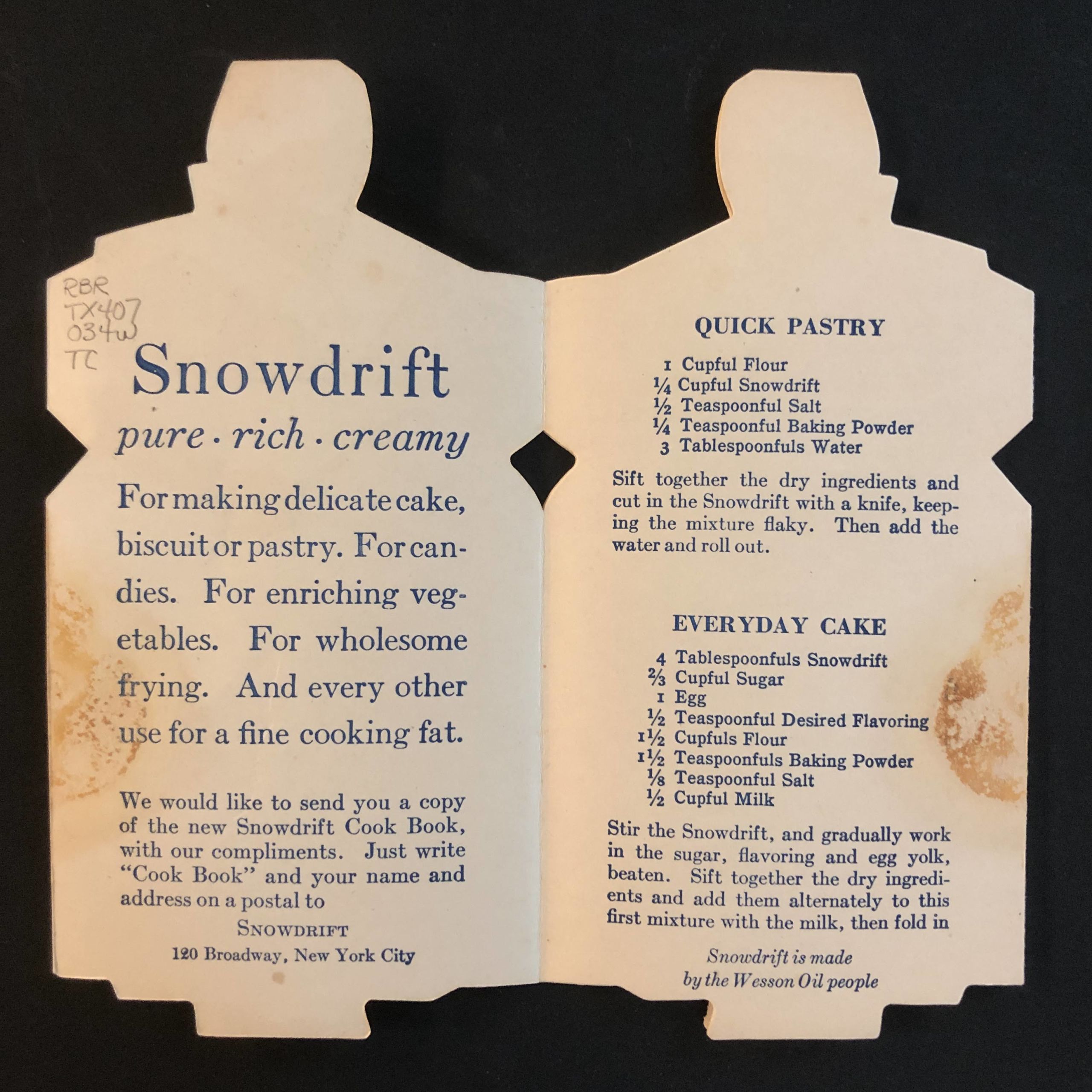 Trade catalog in the shape of a woman, open, describing Snowdrift shortening with recipes for "Quick Pastry" and "Everyday Cake"