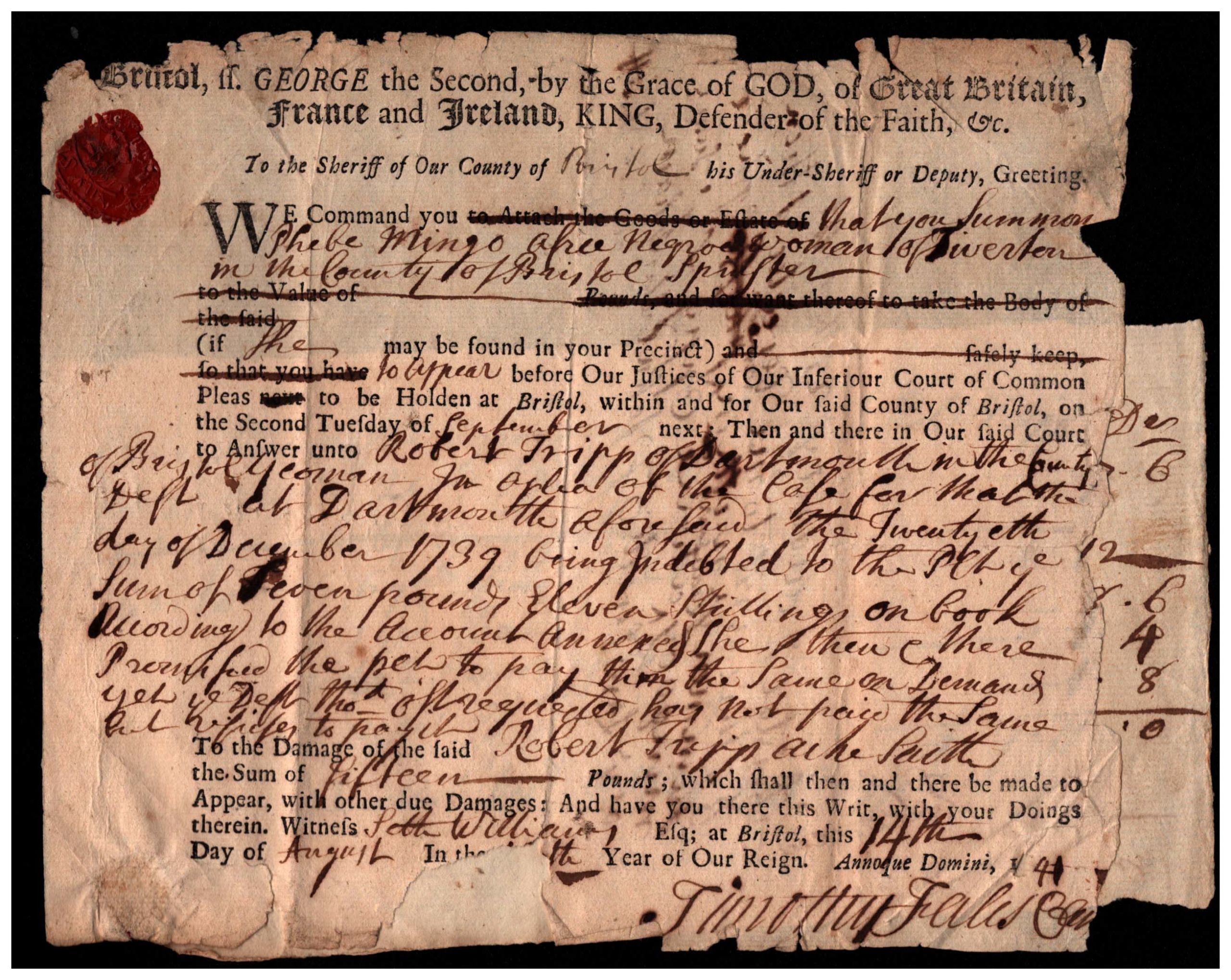 Image of official court document with printed and handwritten text and red seal, dating to the 1700s