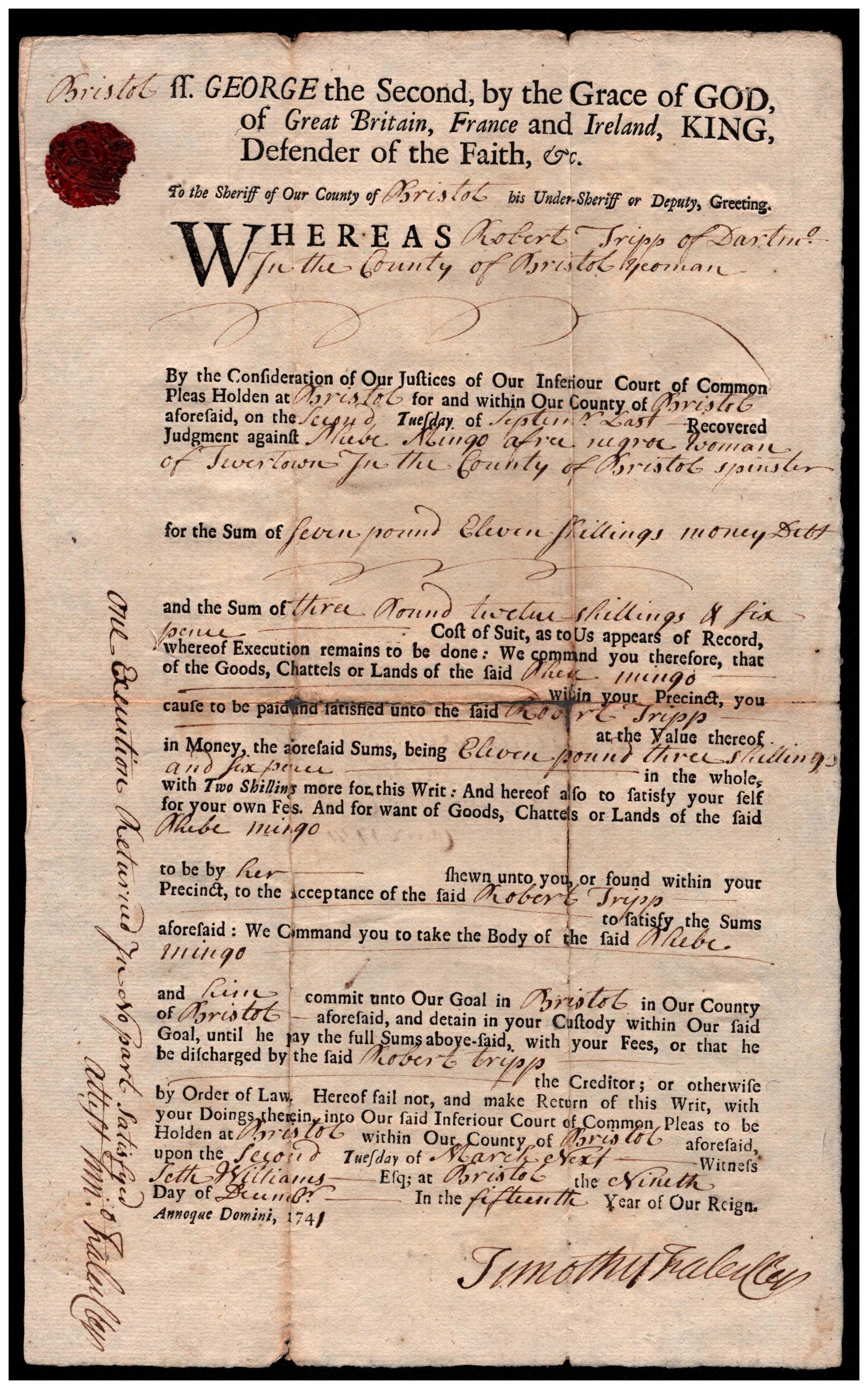 Image of official court document with printed and handwritten text and red seal, dating to the 1700s