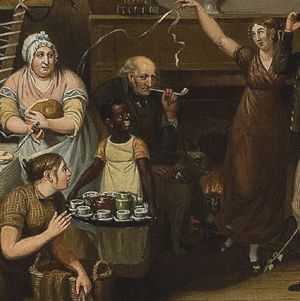 A painting of a domestic scene of a room filled with several figures. An elderly light-skinned man sits towards the center in front of a fireplace, smoking a pipe. In front of him there is a young dark-skinned girl, smiling up at a group of people on the right. She is wearing an orange dress covered by a white apron and is holding a tray of ceramic cups. Immediately to the left there is a light-skinned woman wearing a white cap and pink dress, holding a plate. From under the table to the left of the girl, a light-skinned, brown-haired woman emerges, holding a basket of fabric and looking up at the party. 