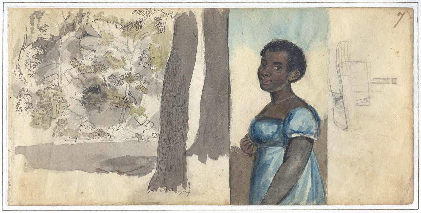 A watercolor drawing of a woman in a landscape. The woman is standing on the right side of the image, dressed in a fine blue dress. She stands at ease and gazes directly at the viewer. She has short dark hair and an expression of calm. The left side of the image is an unfinished landscape of two trees and bushes. On the rightmost side there are some unfinished pencil lines. 