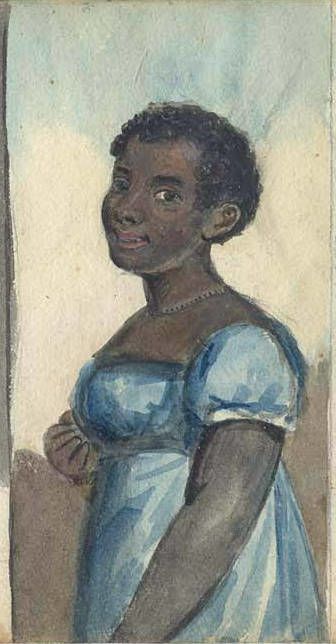 A watercolor drawing of a woman in a landscape. The woman is dressed in a fine blue dress. She stands at ease and gazes directly at the viewer. She has short dark hair and an expression of calm.