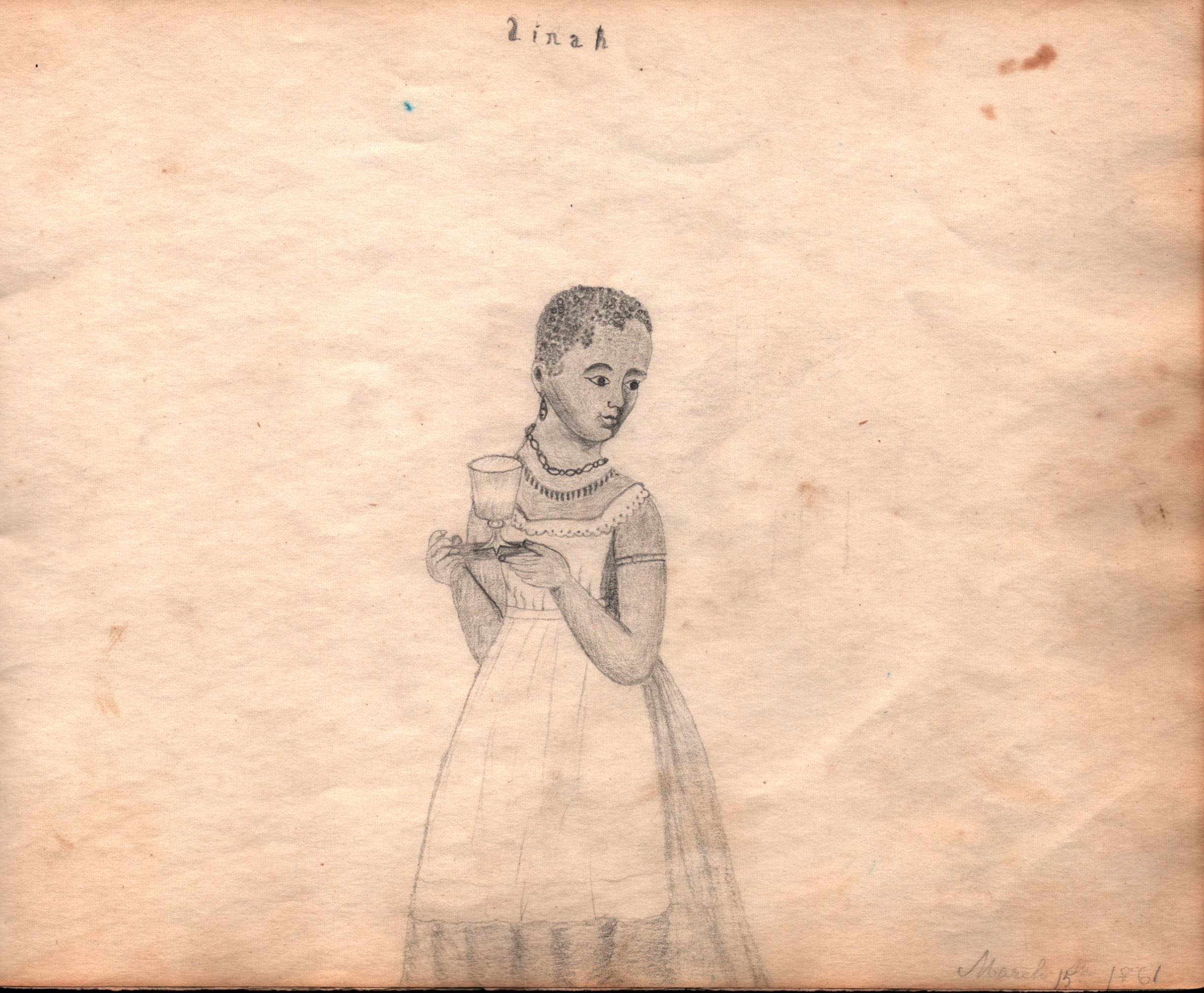 A pencil drawing of a young dark-skinned girl carrying a cup. She has short dark hair, earrings and a necklace. She is wearing a long dress with a white, lace-trimmed apron over it. The top of the image has the word “Dinah” written. 