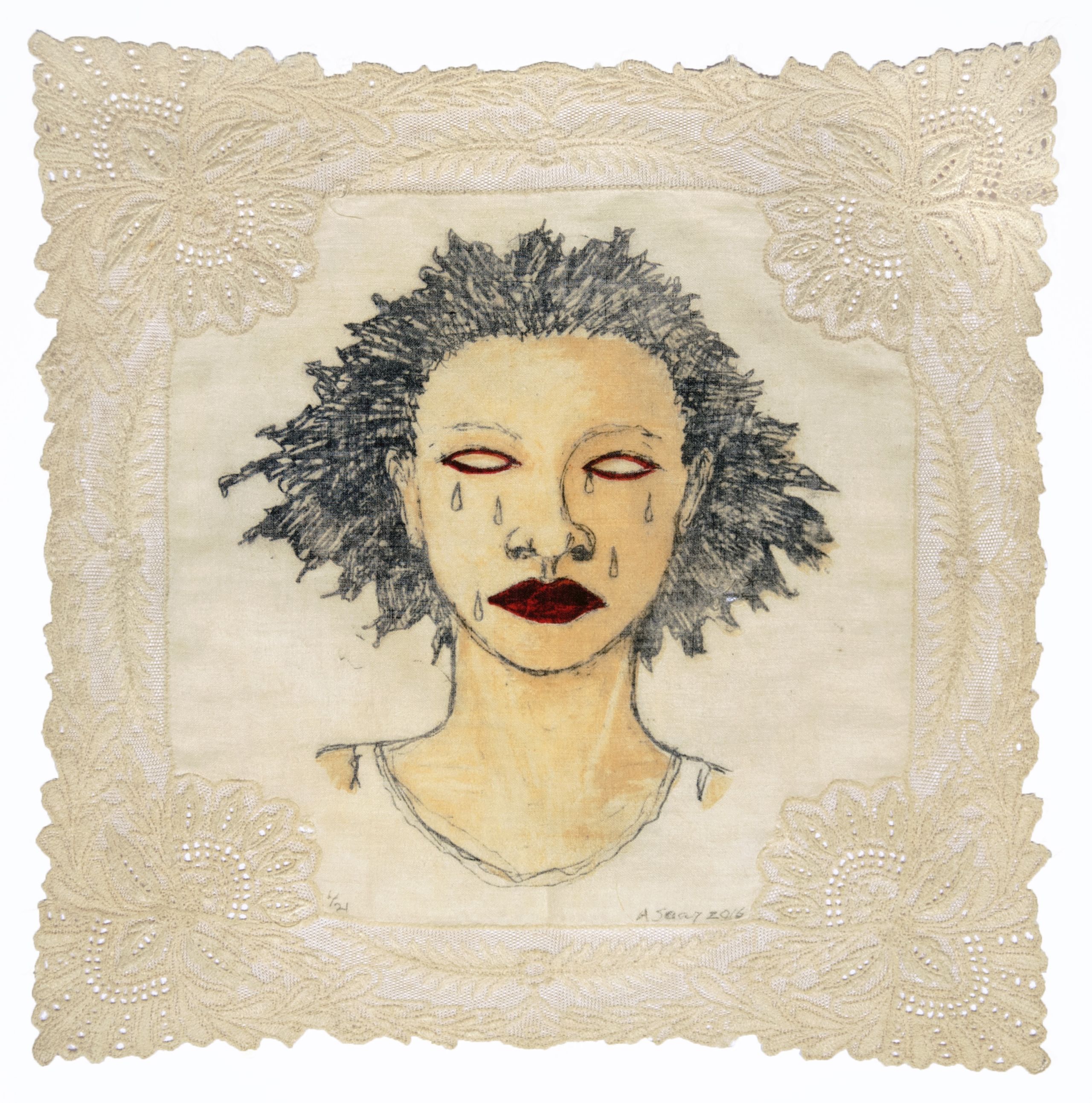 An image of the face of a woman with medium-tone skinned printed on the background of a lacy white handkerchief. The woman has short dark hair, blank red-rimmed eyes, and has tears running down her face. On the lower right side of the image under the woman are the words A Saar 2016.