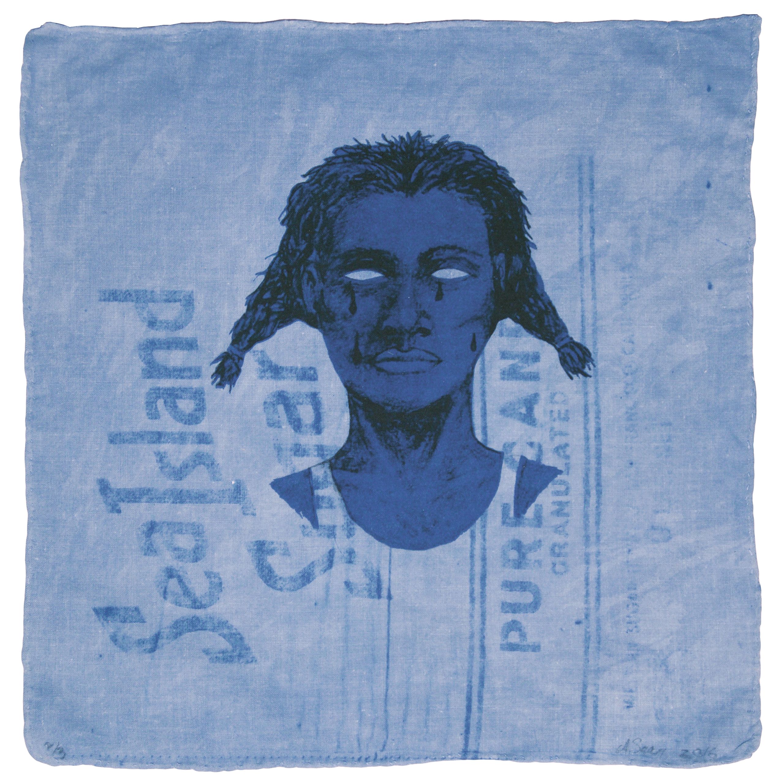 An image of the face of dark-skinned girl printed on the background of a blue-dyed, textile sugar sack. The girl has two braids, blank eyes, and dark tears running down her face. The background has the words Sugar Island Sugar and Pure Cane running sideways across the image.