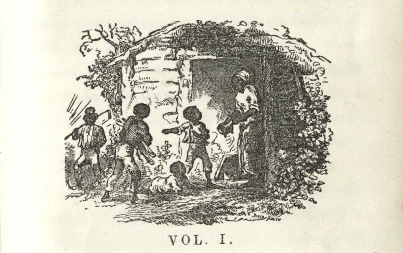A black and white illustration of children and a woman standing at a cabin door